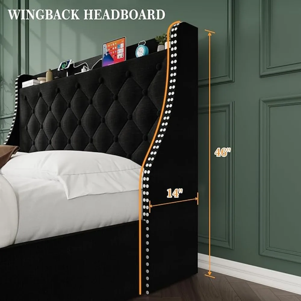 Velký postel formulovat s 4vedení úložný zásuvek a úložný headboard equipped s nabíjení nádraží diamant šité knoflík tufted design
