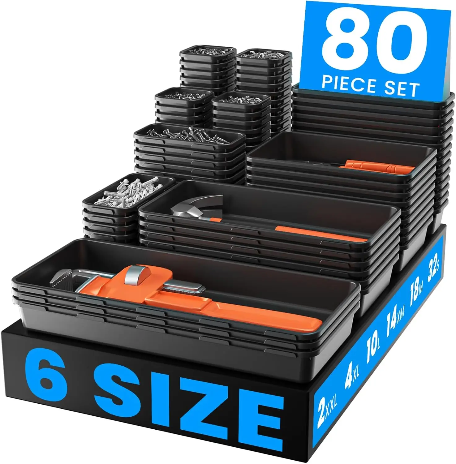 

6-Size Tool Organizer Set with 80 Pieces - Heavy Duty Storage Bins for Tools and Small Parts