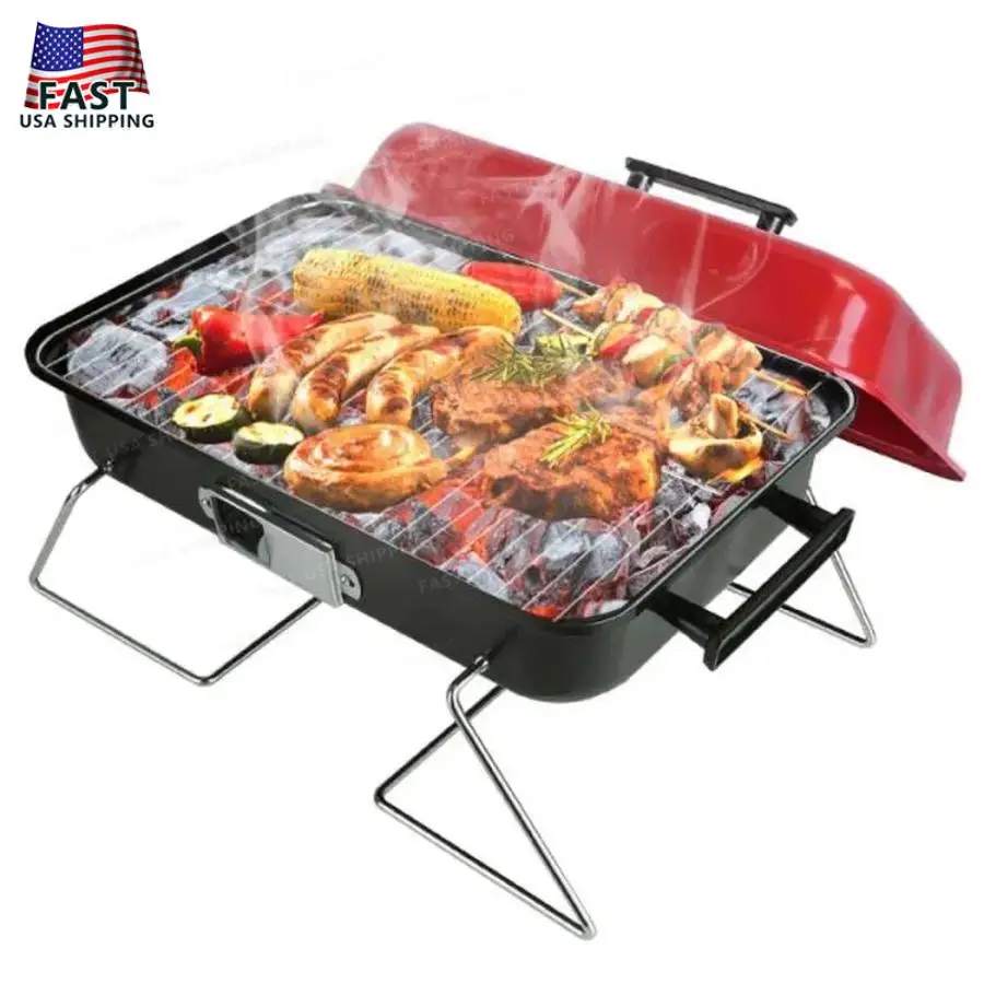 Portable Charcoal Grill Outdoor Desktop Small BBQ Smoking Stove Folding Grill with Cover Backyard Camping Picnic Beach