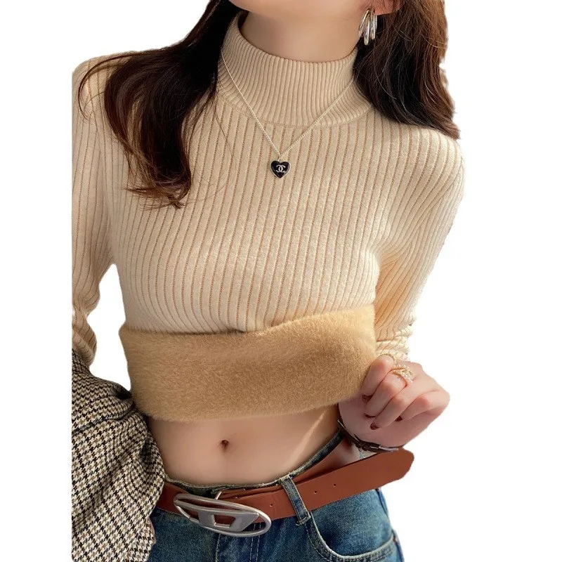 

Women's Turtleneck Sweater Winter 2025 Retro with Velvet Lining Thickened Inner Wear Thermal Knitting Bottoming Shirt Pullovers