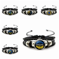 Ukrainian Element Design Leather Bracelet for Men and Women, Yellow and Blue Sunflower Butterfly Knitting Bracelet
