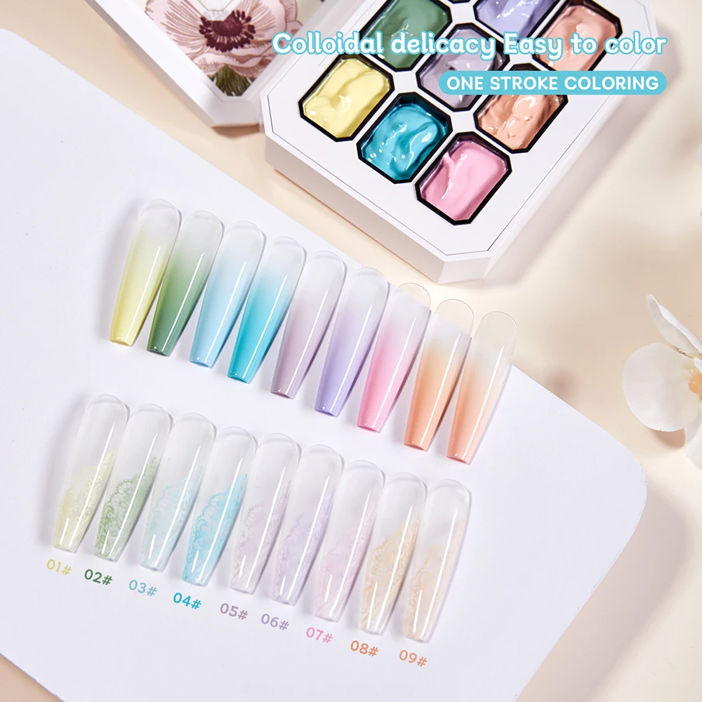 Vendeeni 9 Farben Patting Painting Gel Nagellack UV LED Soak Off Gel Lack Gradient Pat Gel Palette Blooming Transfer Design – Detail 29