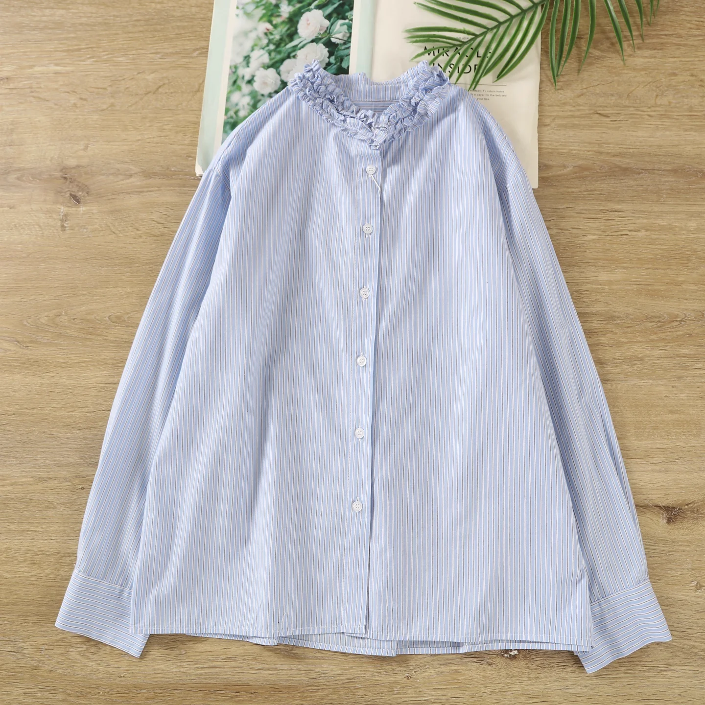 

2026 Mori Kei Clothing Japanese Style Stand Collar Blue Striped Shirts Long Sleeve Blouses Pure Cotton Ladies Clothes