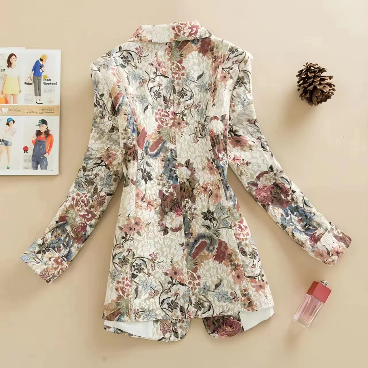 Women's England Style Jackets, Elegant Long Coat, Floral Print Blazers, Loose Casual Clothing, Female Tops, Spring, Autumn, 2023