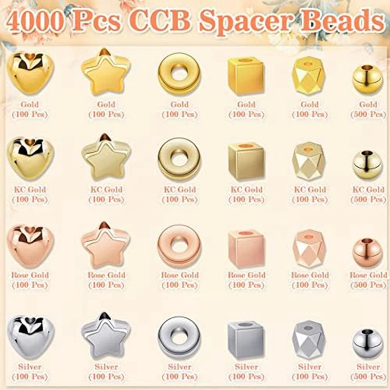 4000 Piece Spacer Beads For Jewelry Making As Shown Metal Star Beads, Circle Beads, Square Beads, Heart Beads