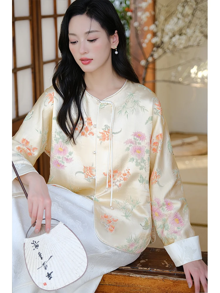 Zijde lente zomer originele Sle Chinese New School dames Jaet high-end gekreukelde geplooide top met knopen Tang-kostuum