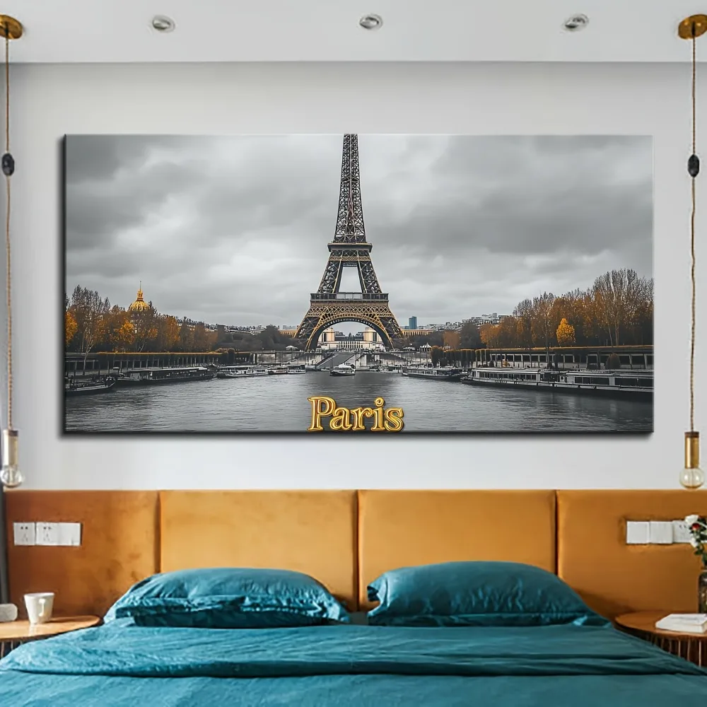 Moldura de madeira maciça de pinho grosso de 1,5 polegadas, Torre Eiffel, mural de sala de estar, pintura de imagem de Paris, arte de decoração de casa