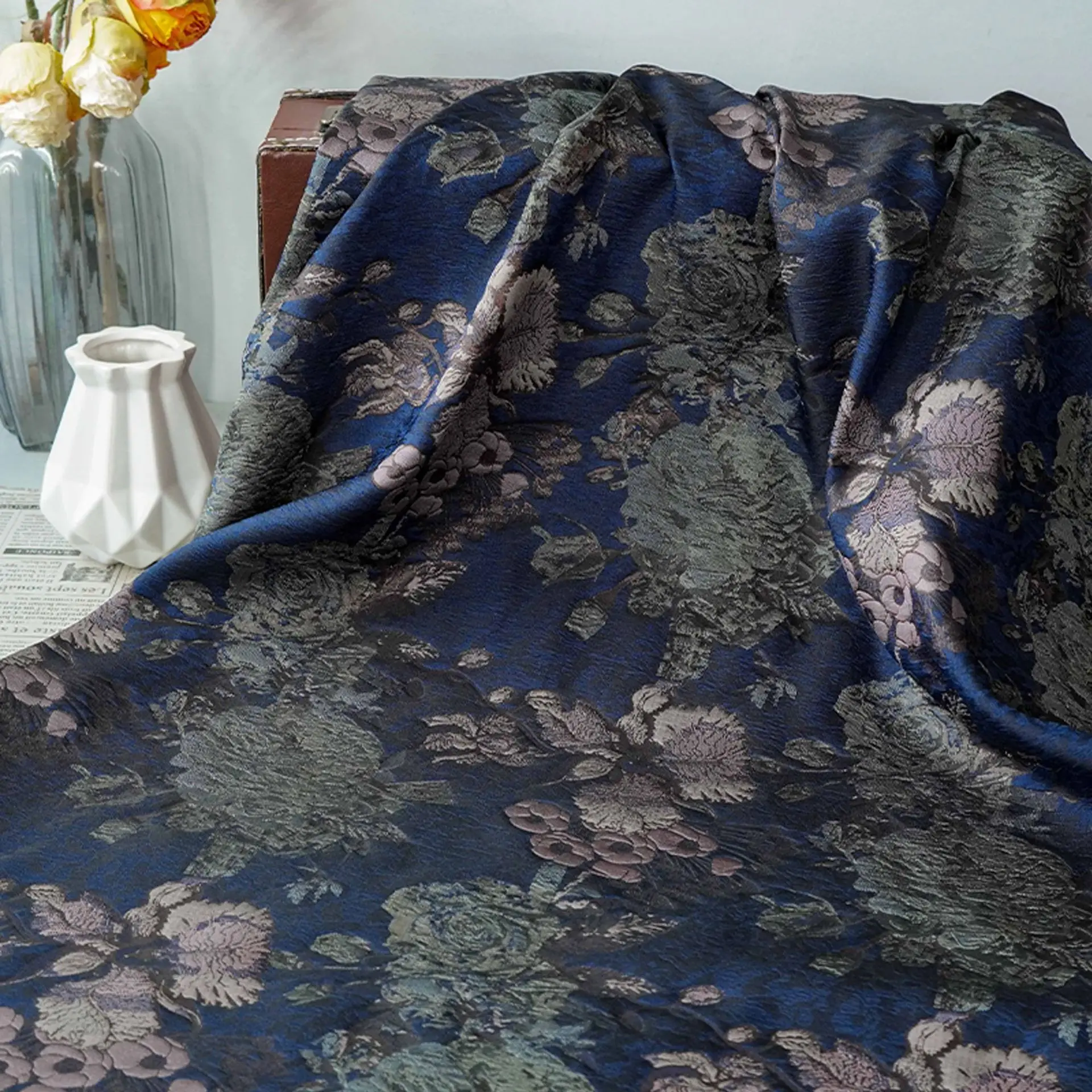 

3D Embossed Floral Yarn Dyed Jacquard Fabric Retro Dress Formal Gown Coat Cushion Decorative Upholstery Fabric