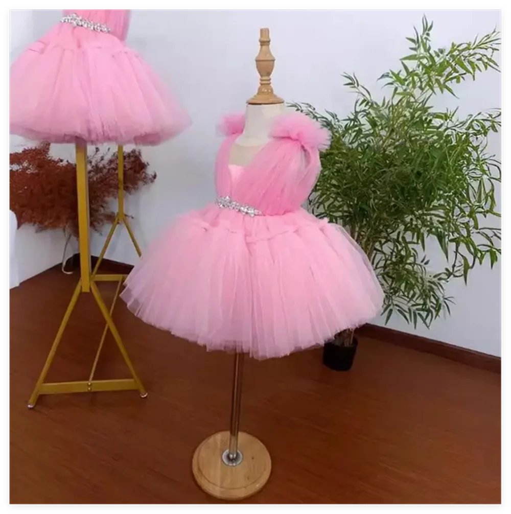 New Children's Host Catwalk Ball Gown Sleeveless Beading Design Wedding Birthday Baptism Party Girls Pink Dress