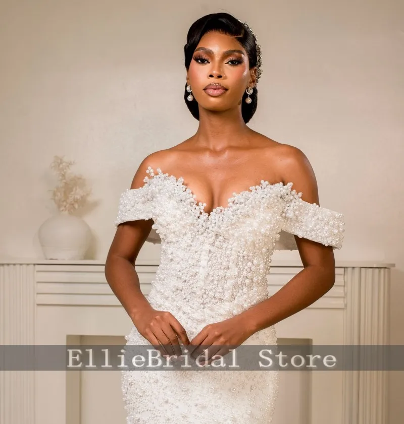 فساتين زفاف رائعة على شكل قلب مكشكشة لؤلؤ حورية البحر للفتيات قبالة الكتف فساتين فيستدو دي نوفيا 2026 مخصصة #4