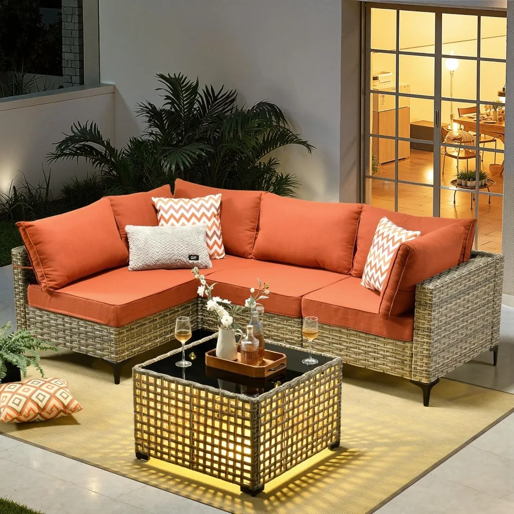 

Outdoor Segmented Courtyard Furniture Set, 5-piece Rattan Dialogue Set L-shaped Sofa, Outdoor Furniture with Luminous Coffin