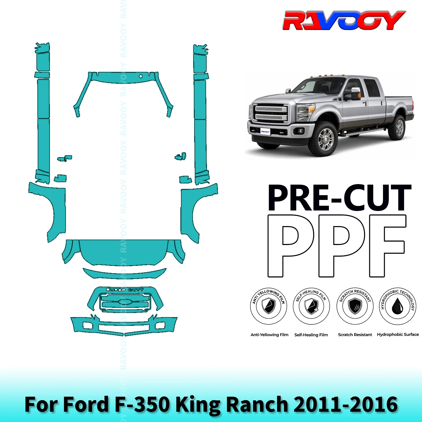 For Ford F-350 King Ranch 2011-2016 Partial Front+Rocker Panels 8.5Mil Pre-Cut Paint Protection Film PPF Kit | Clear/Matte/Black
