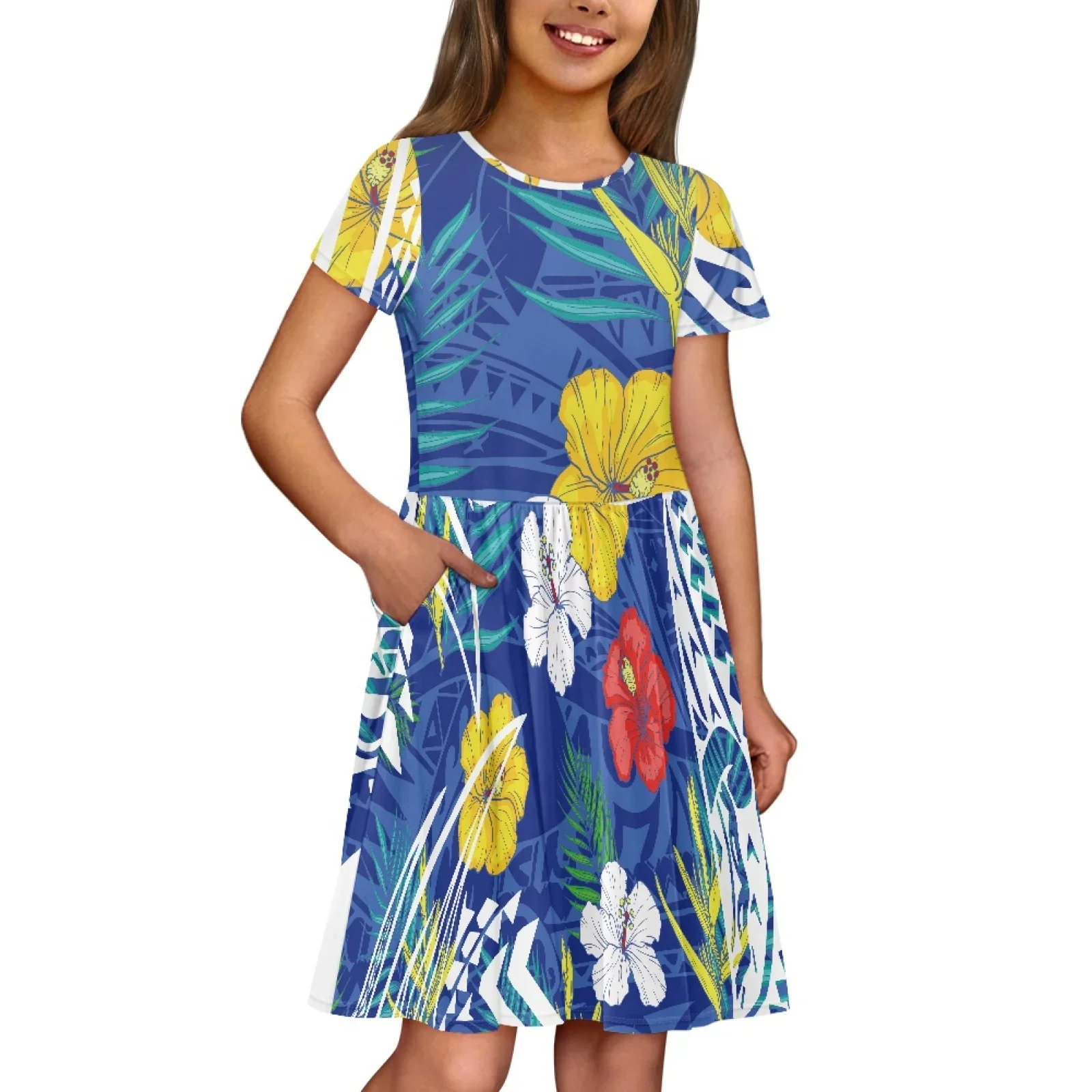 Polynesian Tribal Samoan Totem Tattoo Samoa Prints Kid Beach Holiday Knee-length Short Sleeves Dress Casual Party Hibiscus Dress