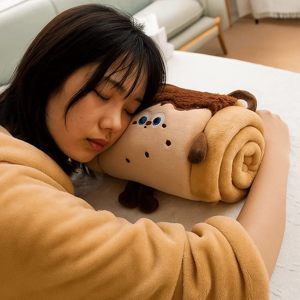 Cute 2 in 1 Foldable Roll Blanket Warm Cartoon Nap blanket Plush Handheld Cushions Blanket Office