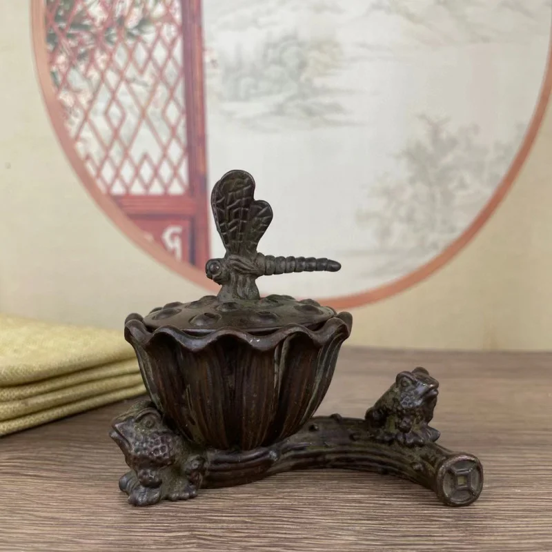 

Antique Style Dragonfly Lotus Seed Incense Burner Ornament Retro Collectible Home Decor Golden Toad Incense Burner Small Incense