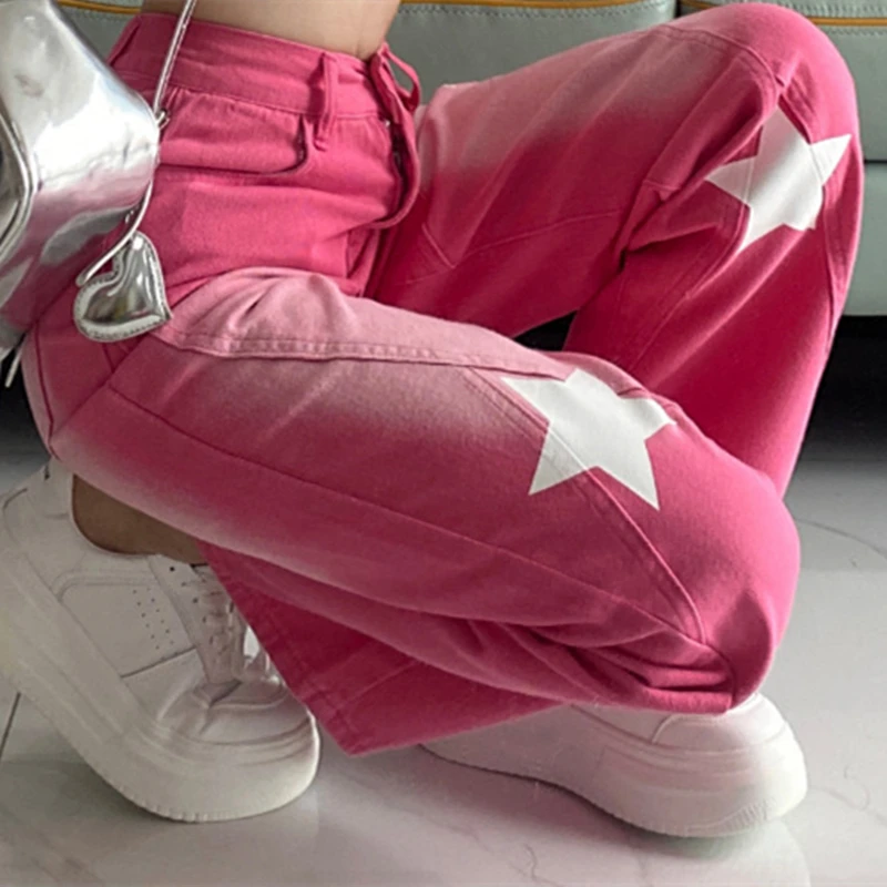 Women's Vintage Drawstring Denim Pants, Pink Baggy Jeans, American Style, Star Printing, High Waist Trousers, Y2k