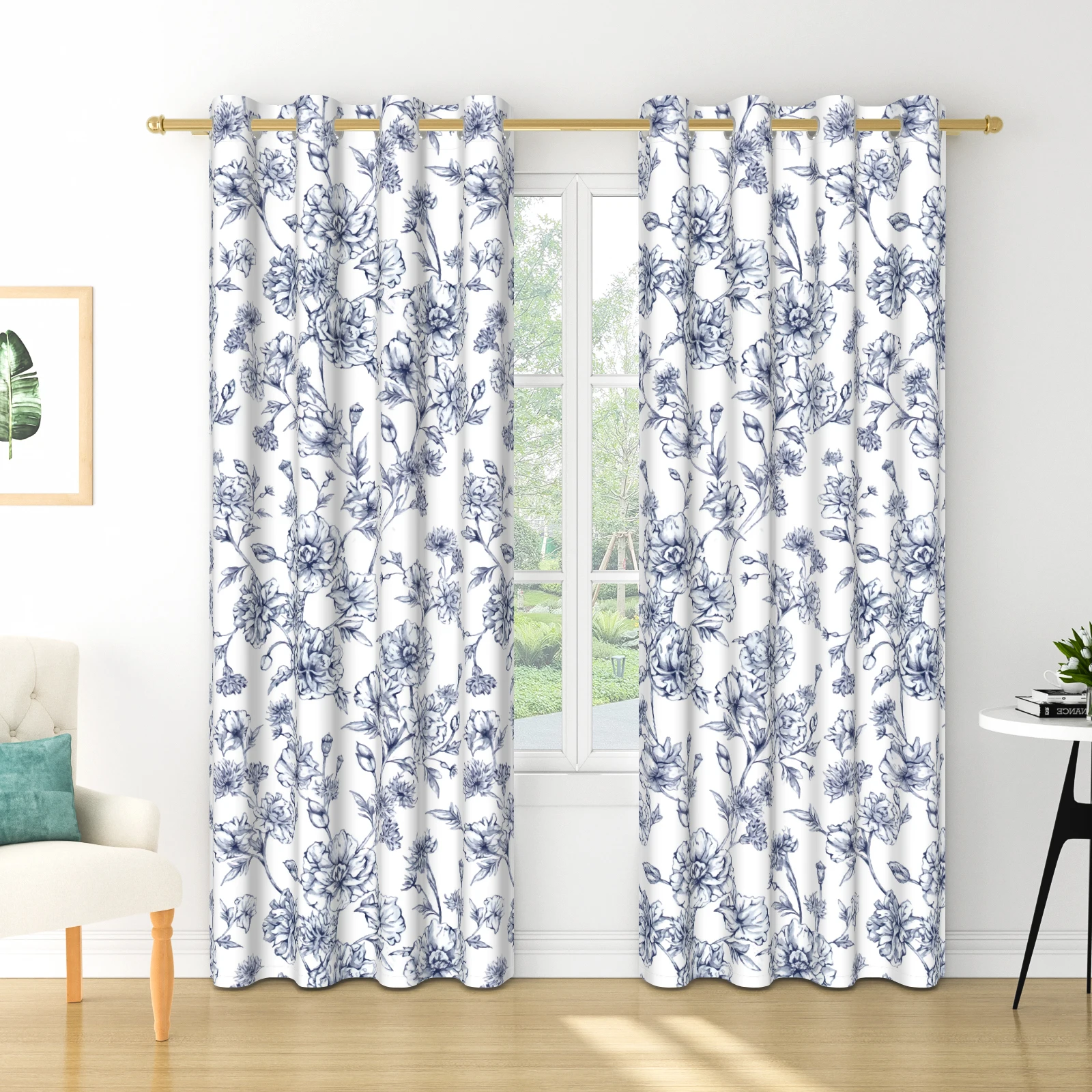 Vintage Blue White Floral Sketch Blackout Curtains 2 Panels, Grommet Thermal Insulated Drapes for Living Room Bedroom Home Decor