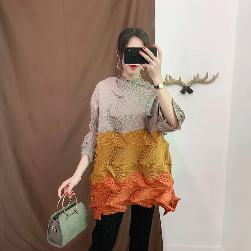 

Miyake Green Contrast Stand Collar Cropped Sleeve Pleated Woman Long T-Shirt Casual Simple Fashion 2023 Autumn New