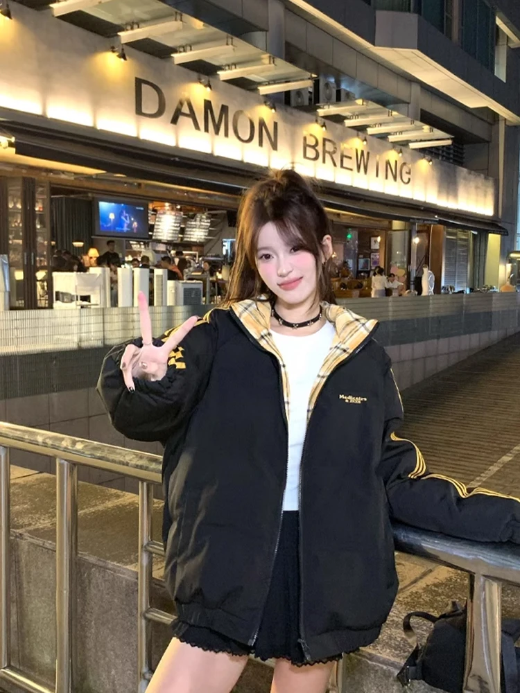 

Thiened Retro Plaid down Cotton Jaet Men Women Sle Winter Warm Stand Collar Couple Bread Sle American Retro Cotton Coat