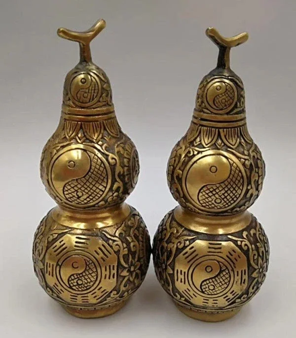 Chinese Old Brass Handmade Carved gourd statue 2 pieces