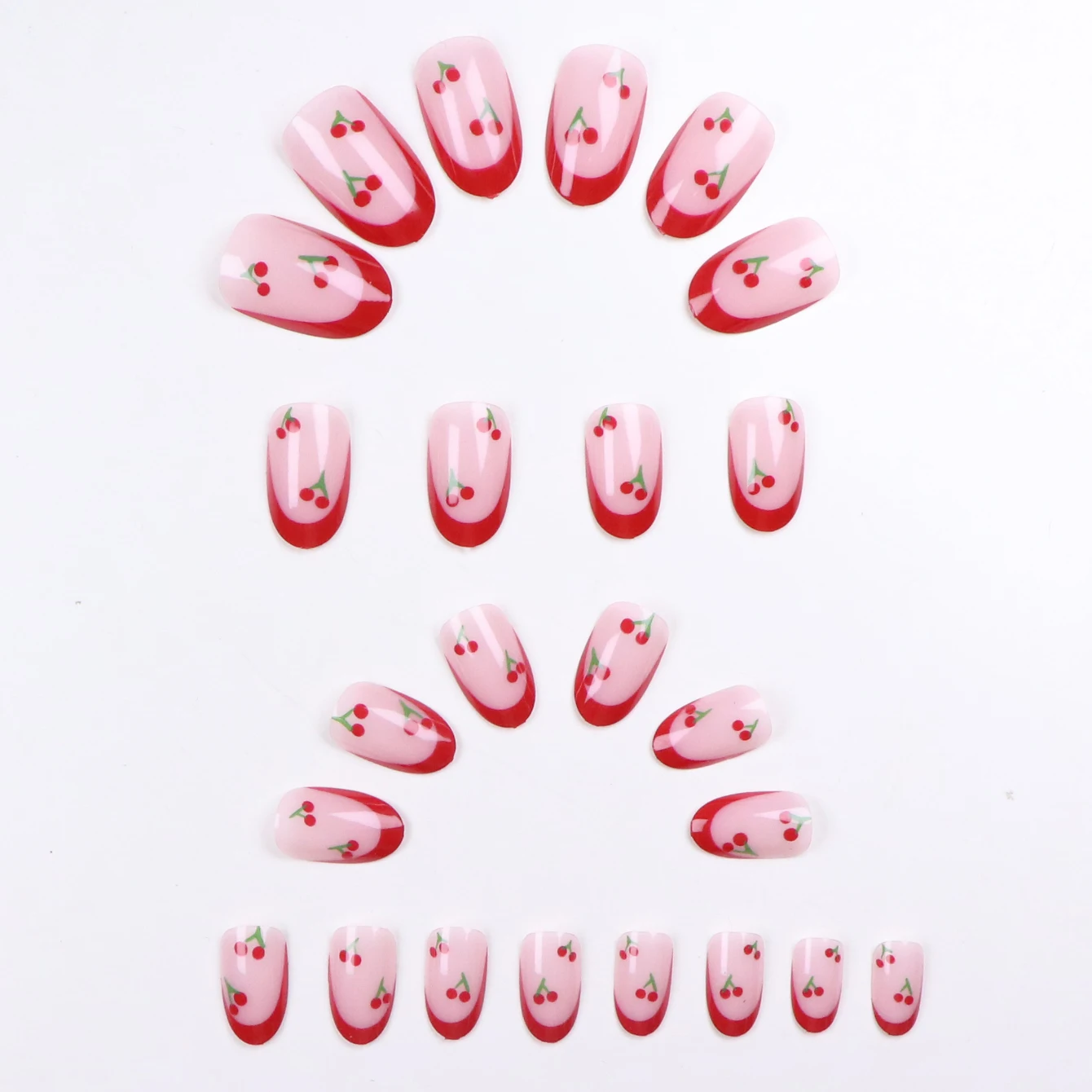 24PCS Red French-Edge Short Oval False Nails With Cherry Design And Reusable Acrylic False Nails Are Suitable For Daily Wear