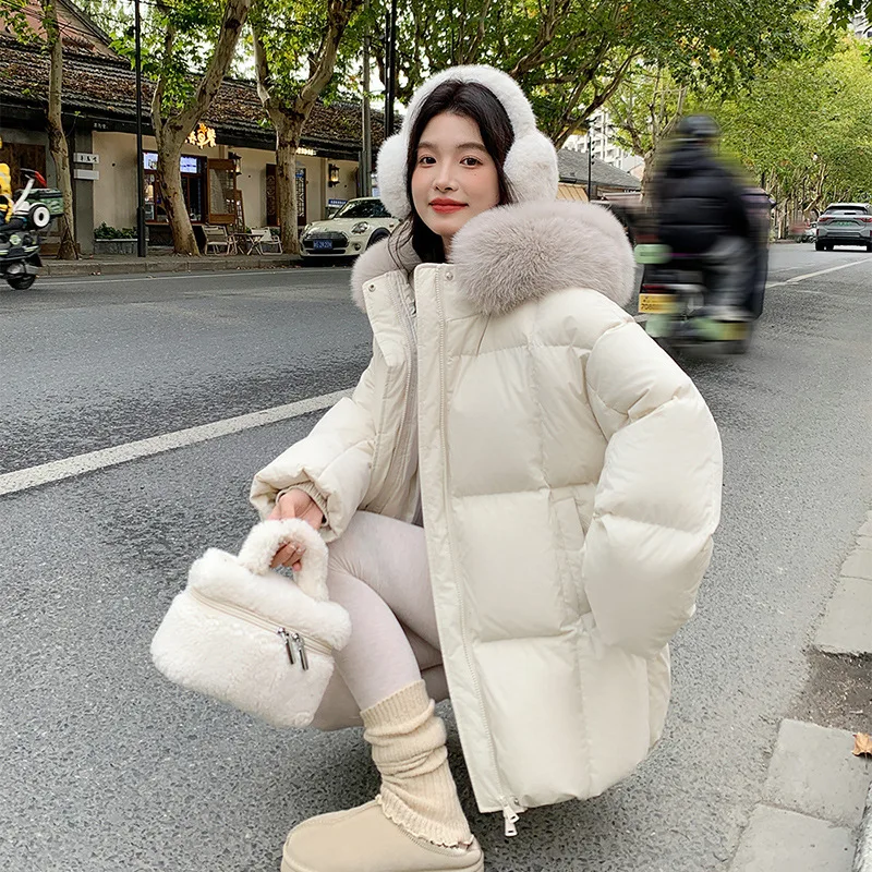 2025 겨울 신상품 핫세일 루즈핏 빅 헤어 칼라 두꺼운 중간 길이에서 긴 길이의 여성용 면 재킷