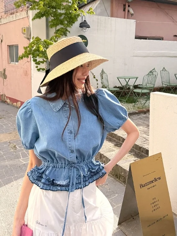 Women's Denim irt Bubble Sve  Collar Dstring Waist Slimming Sweet Wood  Baby Doll Top Cotton ort Sve