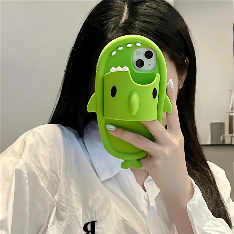 Shark slippers Soft Silicone Phone Case for iPhone X XS XR 11 12 13 14 15 16 Pro Max 16pro teeth Green Back shockproof Cover