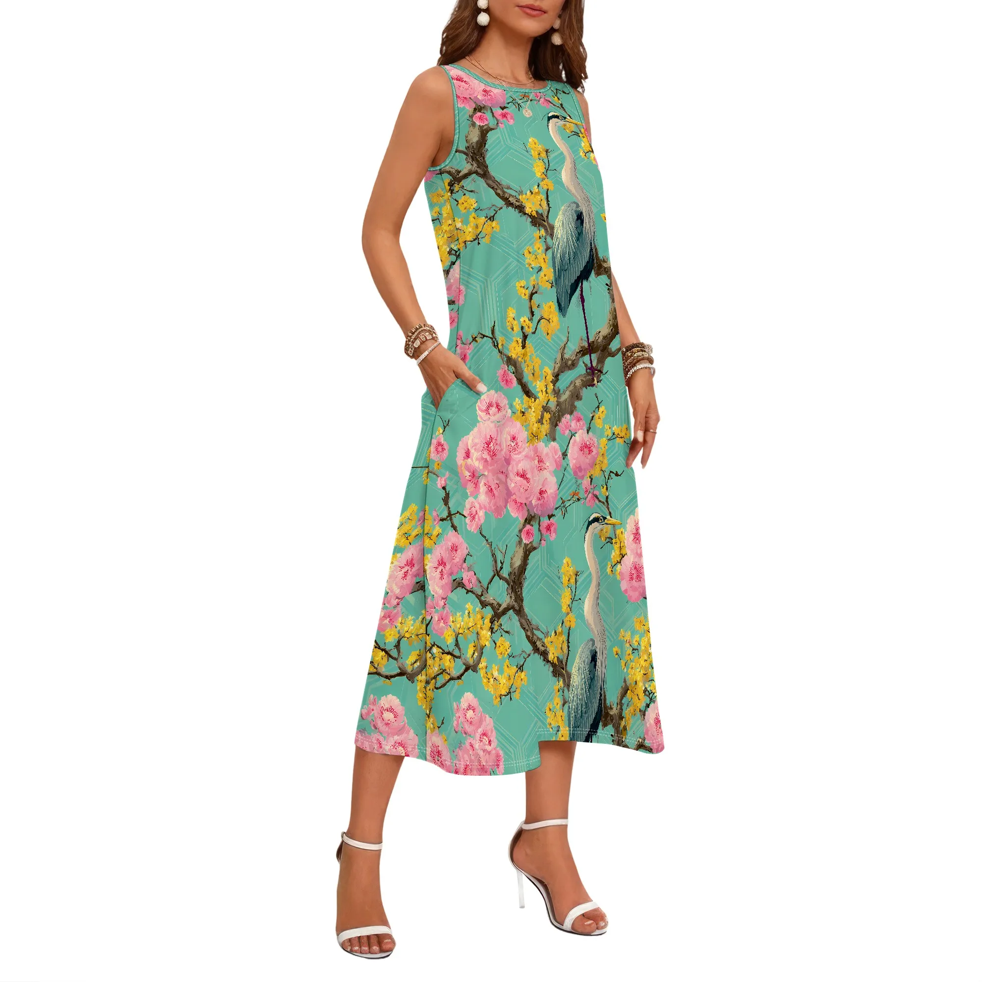 Heron Print, Sleeveless Dress, Floral Pattern, Summer Wear, Beach Outfit, Casual Style, Pockets, S-2XL