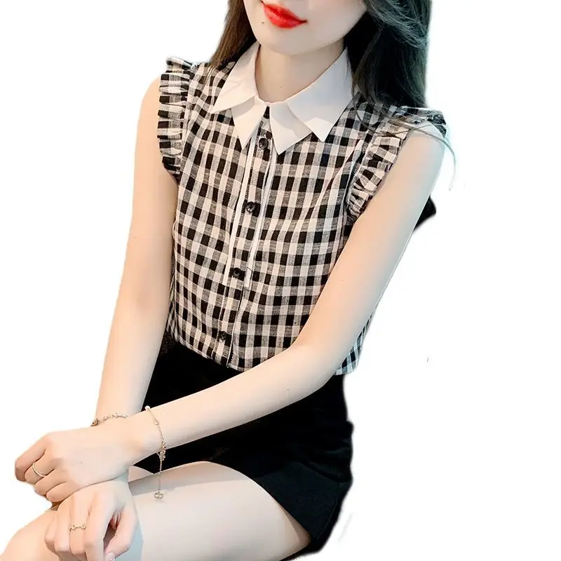 Plaid Contrast Patchwork Office Shirt Tops Summer New Polo Neck Ruffles Pleated Vintage Blouse Fashion Casual Women Clothing