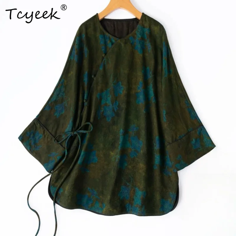 Tcyeek 100% Real Silk Blouses for Women 2026 Spring New Style Vintage Blue Lotus Print Loose Shirts Woman Clothing Chemise Femme