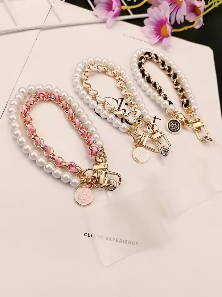1Pc DY Leather Pearl Camellia Mobile Phone Charm Bracelet Chain Anti-lost Universal Cell Phone Strap Rope Pendant Metal Key