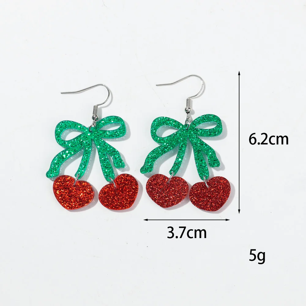 New Glitter Red Love Cherry Acrylic Drop Earrings for Women Cute Bowknot Heart Cherry Fruit Earring Valentine's Day Jewelry Gift