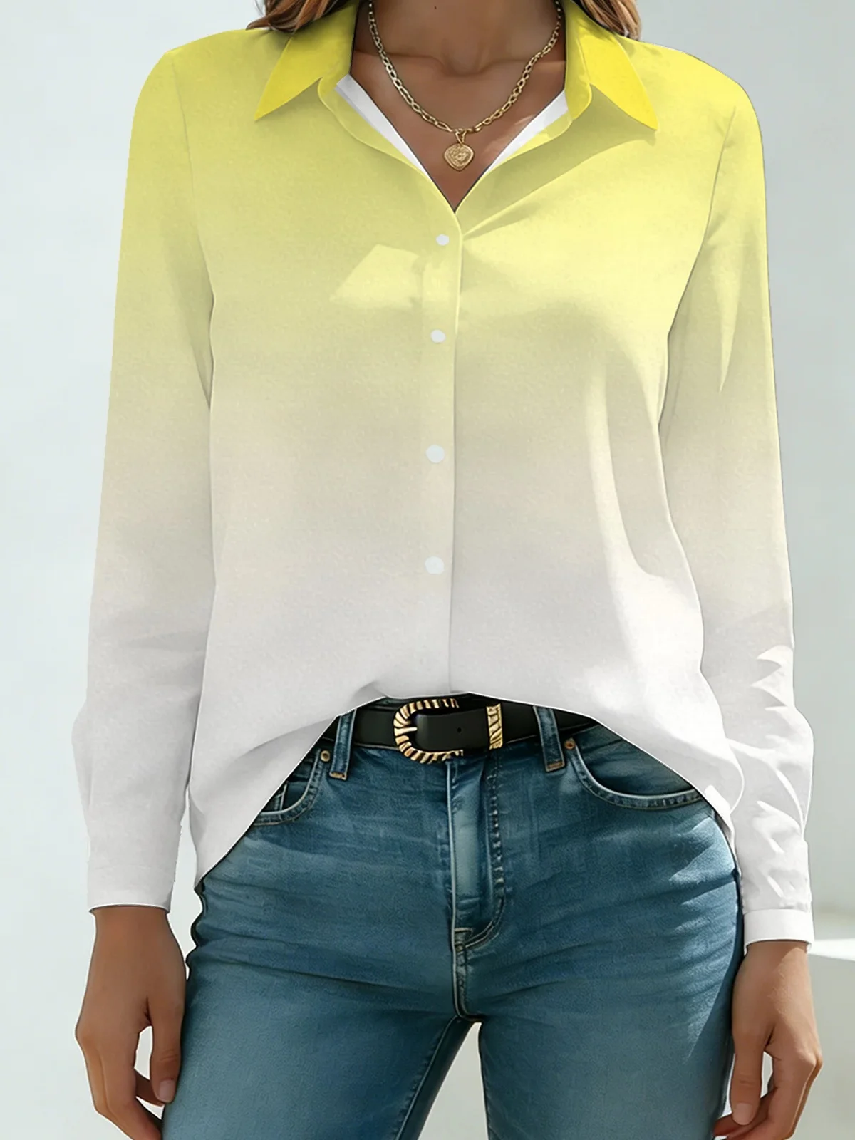 Two Tone Yellow White Gradient Shirt Women Lapel Ombre Color Button Down Blouse for Office Work Daily Wear