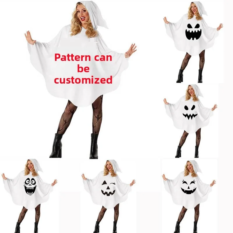 Custom Women Disfraz Halloween Costume Ghost Print Hood Cape Cosplay Clothes Cloak for Boys Girls Carnival Fancy Dress Up Party