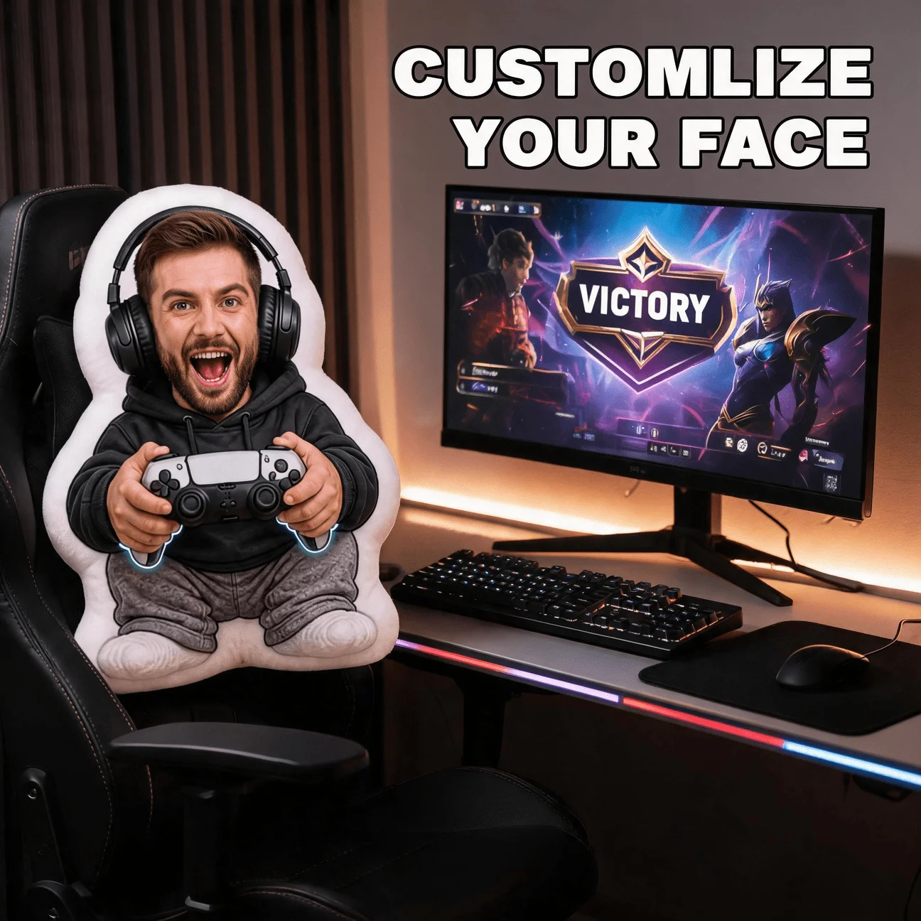 Personalized Photo Gamer Shaped Pillow with Custom Picture & Controller/Headphones - Cushion Suitable for Sofa,, Gaming Room Acc