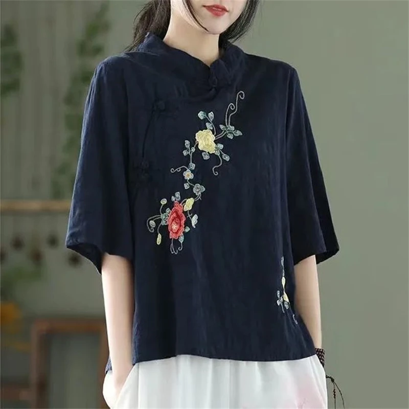 Women Chinese Ethnic Style Vintage Shirts Stand Collar Embroidery Cotton Linen Blouses Solid Half Sleeve Loose Tops Ropa Mujer