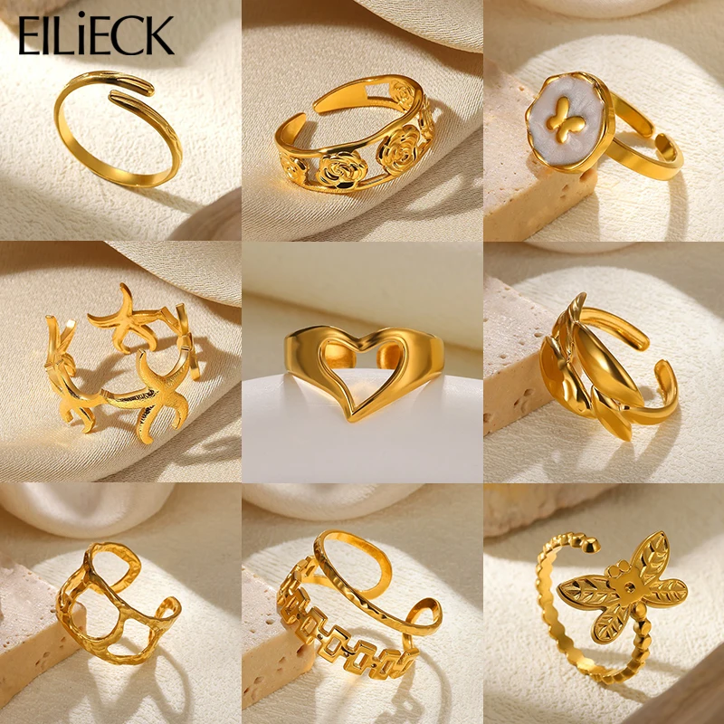 EILIECK 316L Stainless Steel Waterproof Open Ring Personality Charms PVD Real 18K Gold Plated Trendy Jewelry for Women Fashion