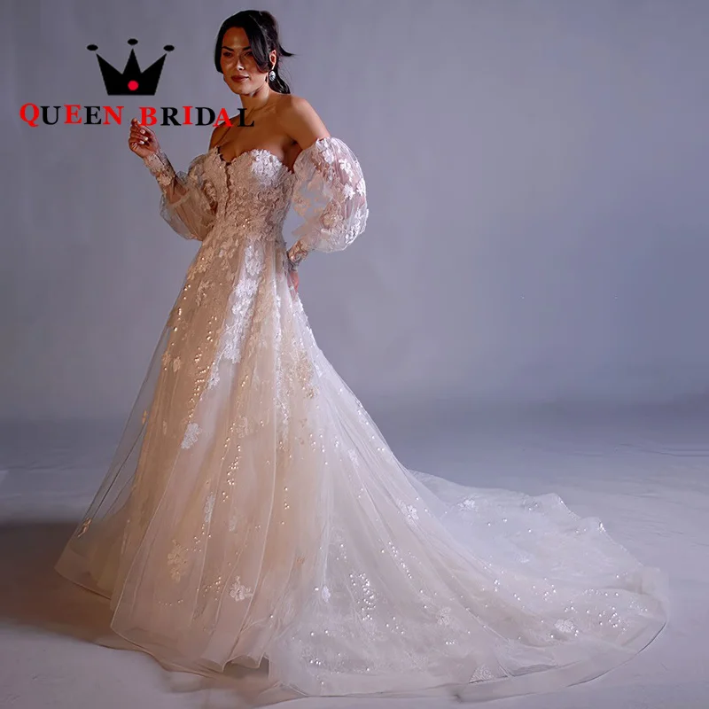 Long Puff Sleeve Wedding Dresses Appliques Sequined Sweetheart Backless Elegant Bridal Gowns Vestidos De Novia Custom Z41Z