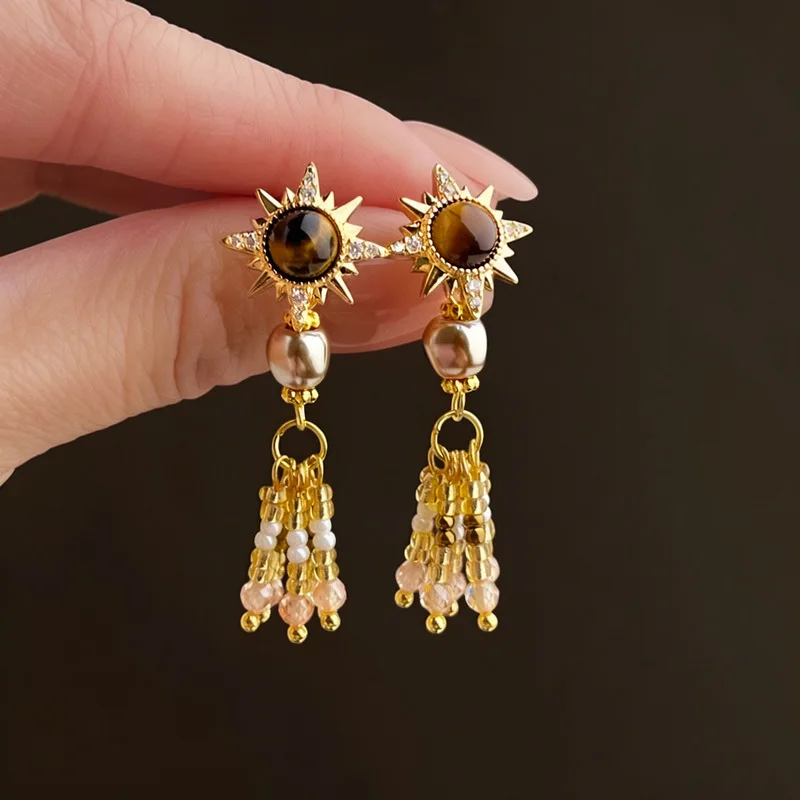 Celestial Golden Sunburst Dark Gem Center High Sparkle Ear Accessory Long Beaded Tassel Dangle Dramatic Glimmering