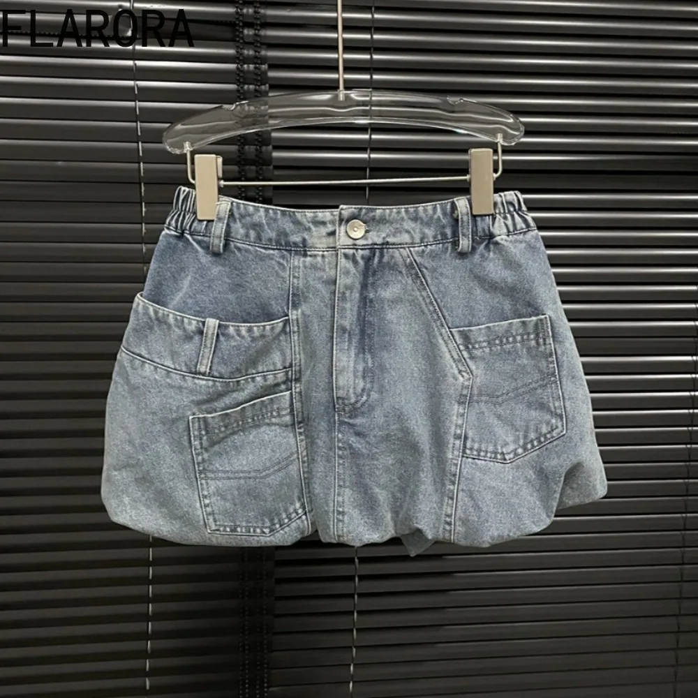 

FLARORA Vintage Cargo Denim Mini Skirt Woman Fake Pocket Design Puff Skirts Summer New Female Bottoms Fashion Y2k Streetwear