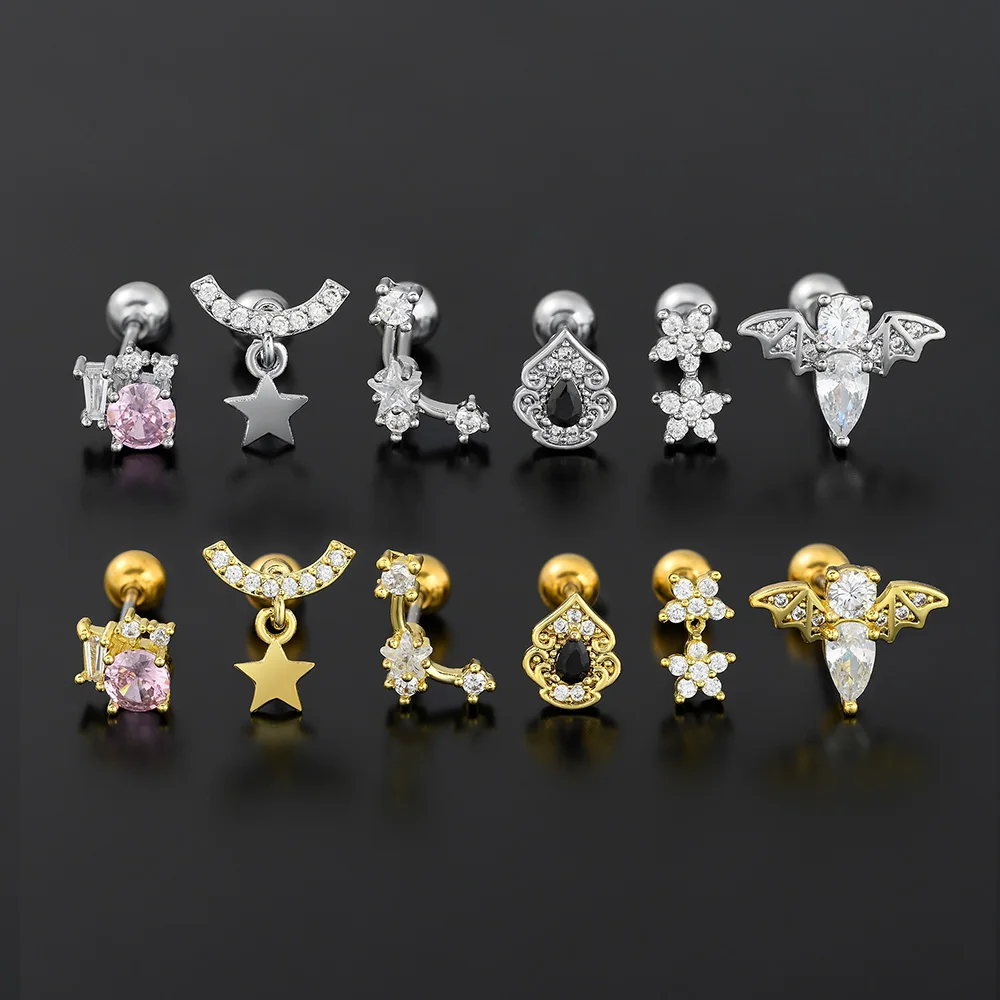 1pc Piercing Earring Silver Color Zircon Flower Star Bat Cartilage Korean Fashon Small Screw Stud Ear Jewelry For Women KDE276