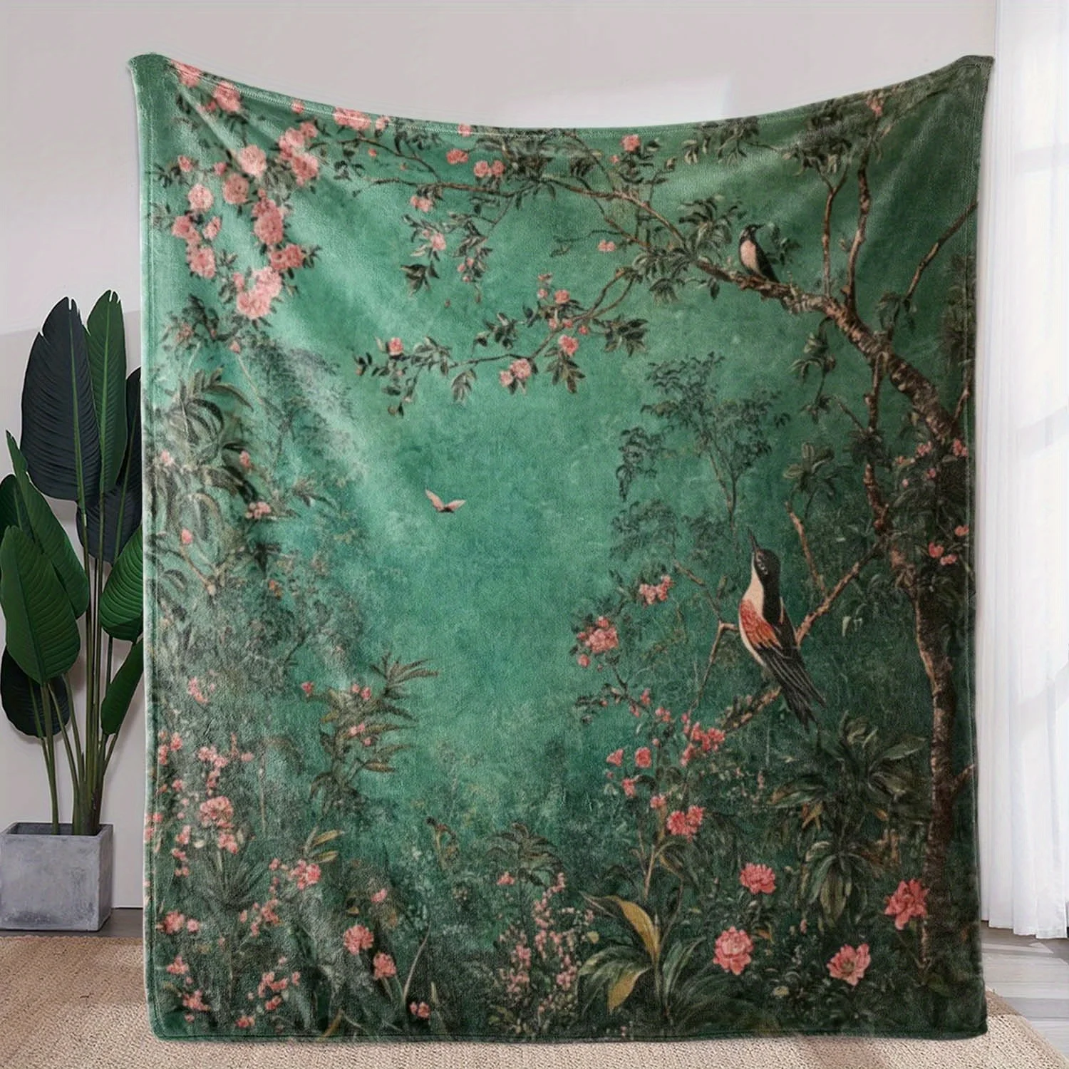 [1pc Vintage Floral Blanket] 1pc Soft & Warm Vintage Floral Tree & Bird Print Flannel Blanket | Polyester Fabric, Ideal for Sofa