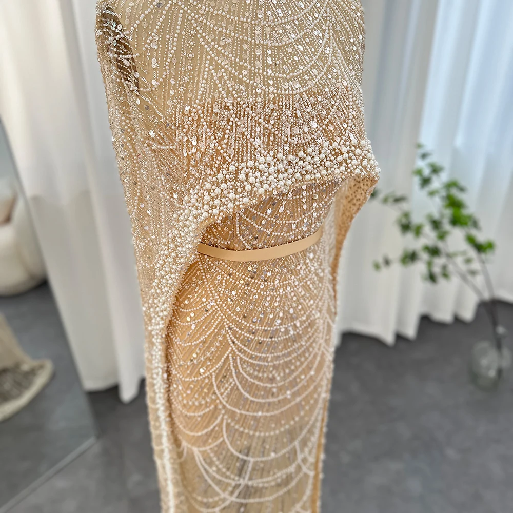 Sharon Said Luxus-Perlen Dubai Champagner Meerjungfrauen-Abendkleider mit Cape-Ärmeln Arabisches Hochzeits- und Abschlussballkleid SS369 Maßanfertigung – Detail 8