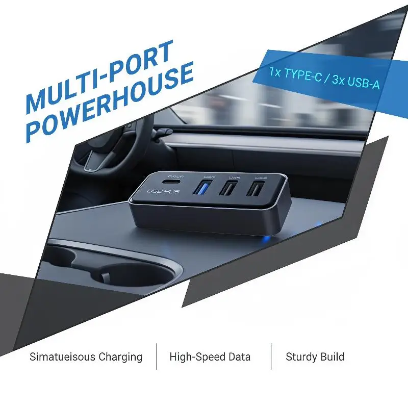 @*Car Glove Box USB HUB Docking Station 4-in-1 Multi Port Splitter Adapter Plug & Play for USB & Type C Device Charging