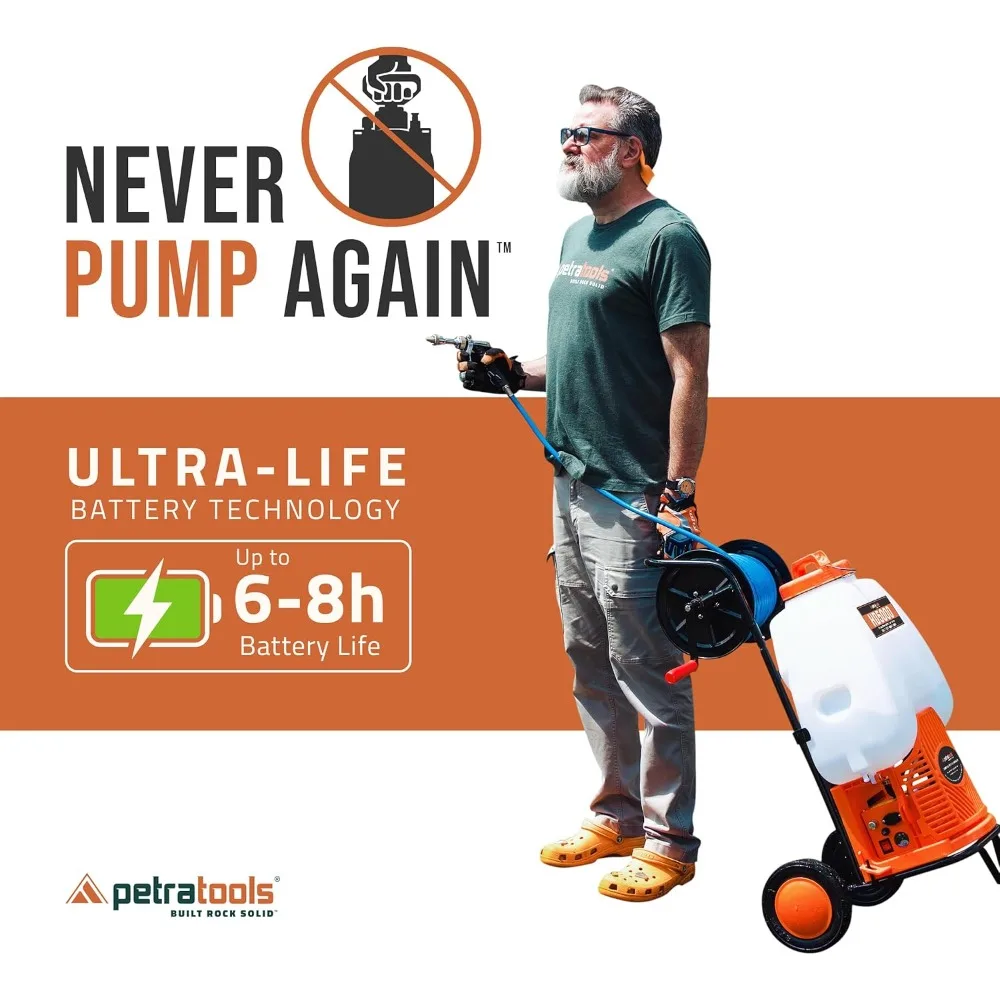 ツールバッテリーバックパック噴霧器、カスタムフィットカートと100フィート業務用ホース付き、ホース2本付属、業務用高品質ヘビー