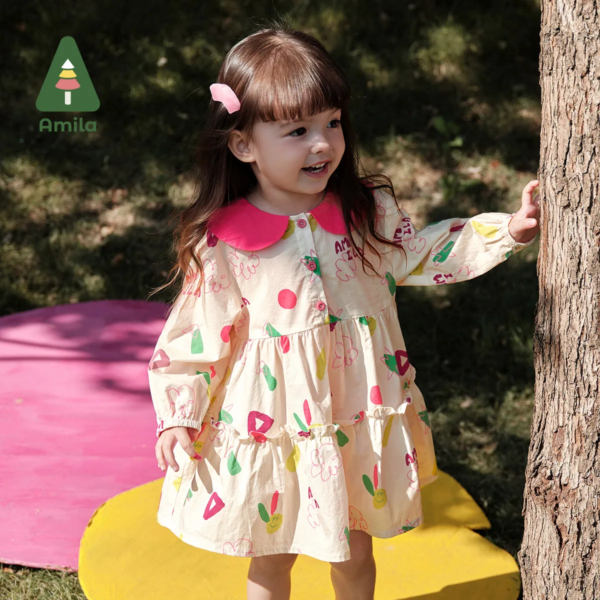 Amila Baby Girl Dress 2024 Spring New Doll collar Cute Sweet Pure Cotton Soft Breathable High Quality Baby Clothing