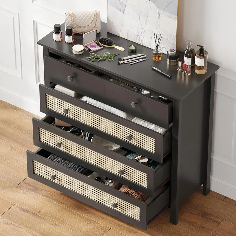 خزانة بوفيه جانبية سوداء حديثة مع 4 أدراج، ووحدة تحكم خشبية للمطبخ وغرفة المعيشة وغرفة الطعام وتخزين المدخل #4