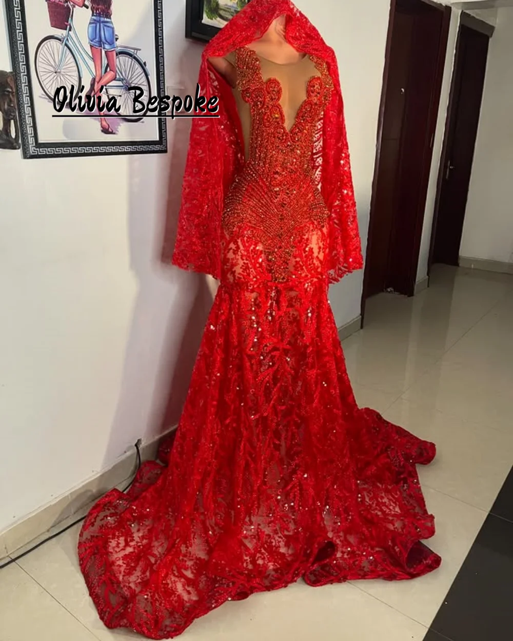 Robe de soirée Aso Ebi en perles rouges, charmante robe sirène avec foulard pour fête de luxe, femme africaine, luxueuse, personnalisée, 2026