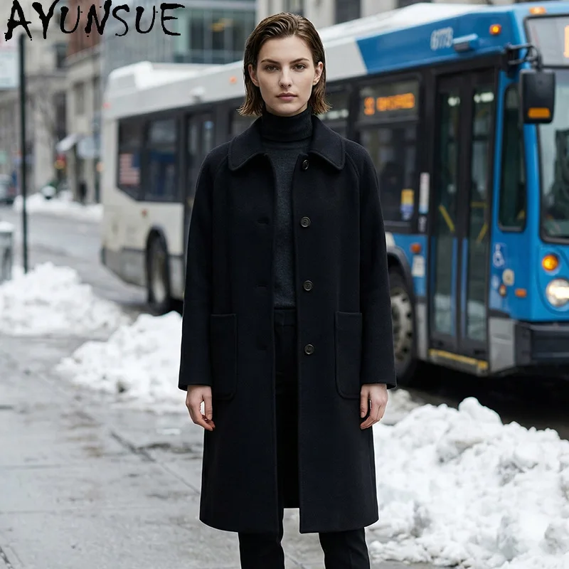 AYUNSUE Women's 100% Wool Coat Mid-length Loose Commuter Jacket Woman Autumn Winter Casual Outerwear Woman Clothes Ropa Mujer